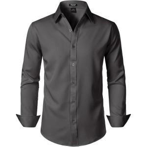 imageMens Stretch Soft Slim Fit Dress Shirts Long Sleeve Formal Wedding Business Casual Button Down ShirtDark Grey