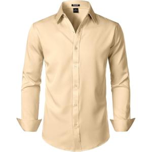 imageMens Stretch Soft Slim Fit Dress Shirts Long Sleeve Formal Wedding Business Casual Button Down ShirtKhaki