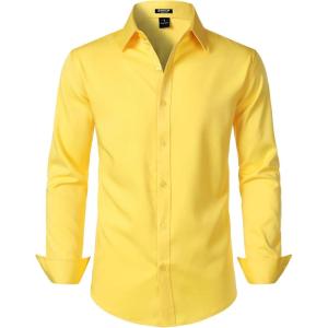 imageMens Stretch Soft Slim Fit Dress Shirts Long Sleeve Formal Wedding Business Casual Button Down ShirtLemon Yellow