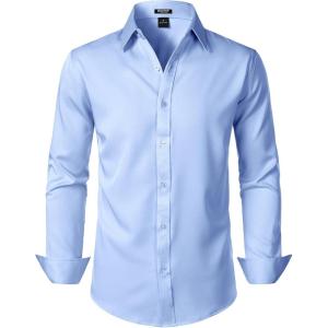 imageMens Stretch Soft Slim Fit Dress Shirts Long Sleeve Formal Wedding Business Casual Button Down ShirtLight Blue
