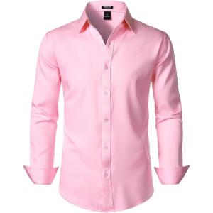 imageMens Stretch Soft Slim Fit Dress Shirts Long Sleeve Formal Wedding Business Casual Button Down ShirtPink