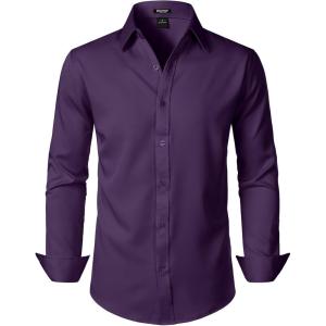 imageMens Stretch Soft Slim Fit Dress Shirts Long Sleeve Formal Wedding Business Casual Button Down ShirtPurple