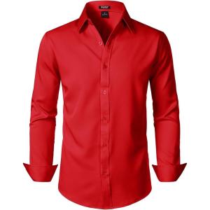 imageMens Stretch Soft Slim Fit Dress Shirts Long Sleeve Formal Wedding Business Casual Button Down ShirtRed