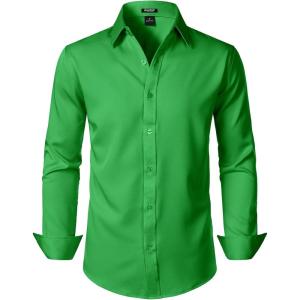 imageMens Stretch Soft Slim Fit Dress Shirts Long Sleeve Formal Wedding Business Casual Button Down ShirtShamrock Green