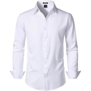 imageMens Stretch Soft Slim Fit Dress Shirts Long Sleeve Formal Wedding Business Casual Button Down ShirtWhite