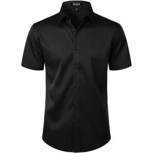 imageMens Stretch Wrinkle Free Dress Shirts Formal Wedding Prom Short Sleeve Slim Fit Button Down ShirtBlack