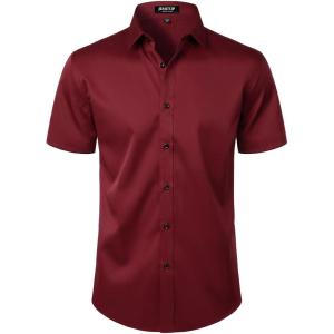 imageMens Stretch Wrinkle Free Dress Shirts Formal Wedding Prom Short Sleeve Slim Fit Button Down ShirtBurgundy