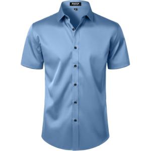 imageMens Stretch Wrinkle Free Dress Shirts Formal Wedding Prom Short Sleeve Slim Fit Button Down ShirtClassic Blue