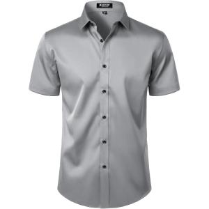 imageMens Stretch Wrinkle Free Dress Shirts Formal Wedding Prom Short Sleeve Slim Fit Button Down ShirtGrey