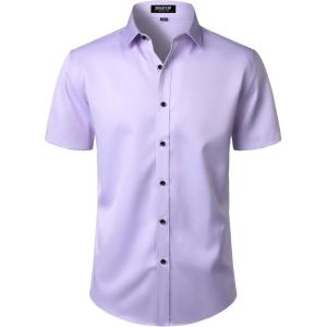 imageMens Stretch Wrinkle Free Dress Shirts Formal Wedding Prom Short Sleeve Slim Fit Button Down ShirtLavender Purple