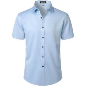 imageMens Stretch Wrinkle Free Dress Shirts Formal Wedding Prom Short Sleeve Slim Fit Button Down ShirtLight Blue
