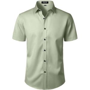 imageMens Stretch Wrinkle Free Dress Shirts Formal Wedding Prom Short Sleeve Slim Fit Button Down ShirtMint Green