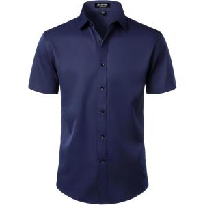 imageMens Stretch Wrinkle Free Dress Shirts Formal Wedding Prom Short Sleeve Slim Fit Button Down ShirtNavy