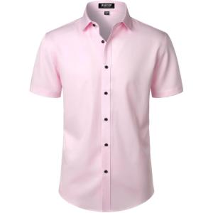 imageMens Stretch Wrinkle Free Dress Shirts Formal Wedding Prom Short Sleeve Slim Fit Button Down ShirtPink