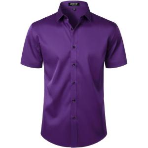 imageMens Stretch Wrinkle Free Dress Shirts Formal Wedding Prom Short Sleeve Slim Fit Button Down ShirtPurple