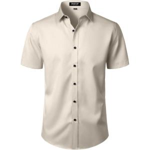 imageMens Stretch Wrinkle Free Dress Shirts Formal Wedding Prom Short Sleeve Slim Fit Button Down ShirtTan