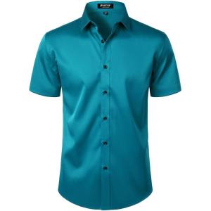 imageMens Stretch Wrinkle Free Dress Shirts Formal Wedding Prom Short Sleeve Slim Fit Button Down ShirtTeal