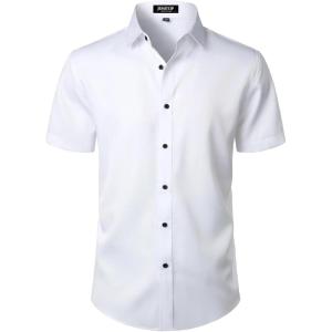 imageMens Stretch Wrinkle Free Dress Shirts Formal Wedding Prom Short Sleeve Slim Fit Button Down ShirtWhite