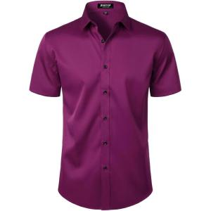 imageMens Stretch Wrinkle Free Dress Shirts Formal Wedding Prom Short Sleeve Slim Fit Button Down ShirtWine Red