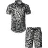 imageMens 2 Piece Casual Cotton Stretchy Outfit Short Sleeve Button up Shirt and Shorts SetWhite Leopard