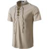 imageMens Pure Cotton Vintage Short Sleeve Lace Up Shirts for Renaissance Pirate Viking Medieval CostumeSolid Khaki