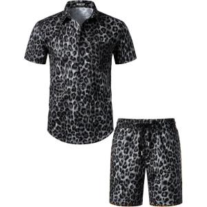 imageMens 2 Piece Casual Cotton Stretchy Outfit Short Sleeve Button up Shirt and Shorts SetBlack Leopard