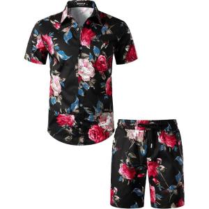 imageMens 2 Piece Casual Cotton Stretchy Outfit Short Sleeve Button up Shirt and Shorts SetBlackrose