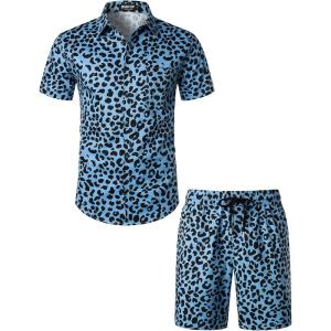 imageMens 2 Piece Casual Cotton Stretchy Outfit Short Sleeve Button up Shirt and Shorts SetBlue Leopard
