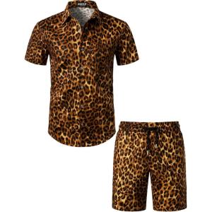 imageMens 2 Piece Casual Cotton Stretchy Outfit Short Sleeve Button up Shirt and Shorts SetGold Leopard