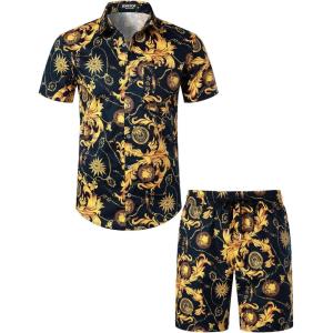 imageMens 2 Piece Casual Cotton Stretchy Outfit Short Sleeve Button up Shirt and Shorts SetNavy Gold