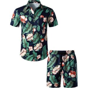 imageMens 2 Piece Casual Cotton Stretchy Outfit Short Sleeve Button up Shirt and Shorts SetNavygreen