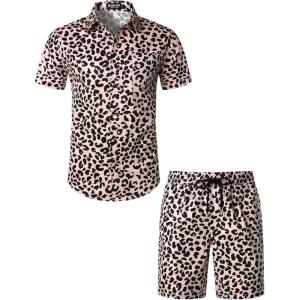 imageMens 2 Piece Casual Cotton Stretchy Outfit Short Sleeve Button up Shirt and Shorts SetPink Leopard