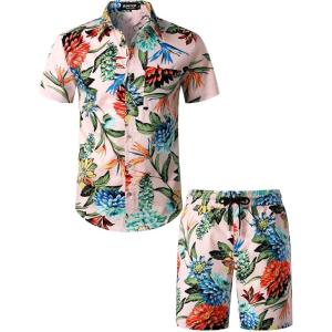 imageMens 2 Piece Casual Cotton Stretchy Outfit Short Sleeve Button up Shirt and Shorts SetPinkgreen