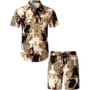imageMens 2 Piece Casual Cotton Stretchy Outfit Short Sleeve Button up Shirt and Shorts SetWhite Gold