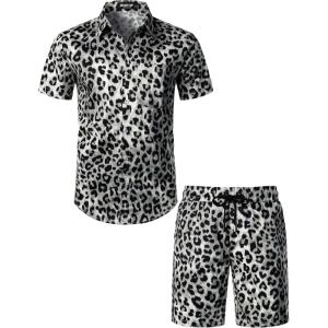 imageMens 2 Piece Casual Cotton Stretchy Outfit Short Sleeve Button up Shirt and Shorts SetWhite Leopard