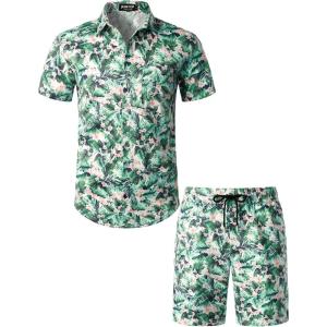 imageMens 2 Piece Casual Cotton Stretchy Outfit Short Sleeve Button up Shirt and Shorts SetWhitegreen