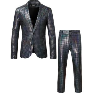 imageMens 70s Disco 2 Piece Set Stretchy Shiny Suits Sequin Jacket and PantsBlack