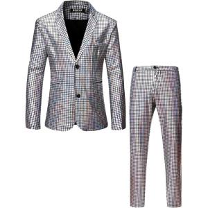 imageMens 70s Disco 2 Piece Set Stretchy Shiny Suits Sequin Jacket and PantsSilver