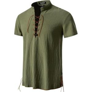 imageMens Pure Cotton Vintage Short Sleeve Lace Up Shirts for Renaissance Pirate Viking Medieval CostumeArmy Green