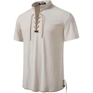 imageMens Pure Cotton Vintage Short Sleeve Lace Up Shirts for Renaissance Pirate Viking Medieval CostumeBeige
