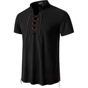 imageMens Pure Cotton Vintage Short Sleeve Lace Up Shirts for Renaissance Pirate Viking Medieval CostumeBlackb
