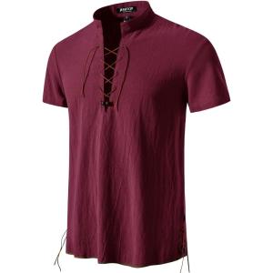 imageMens Pure Cotton Vintage Short Sleeve Lace Up Shirts for Renaissance Pirate Viking Medieval CostumeBurgundy