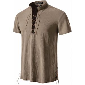 imageMens Pure Cotton Vintage Short Sleeve Lace Up Shirts for Renaissance Pirate Viking Medieval CostumeCoffee