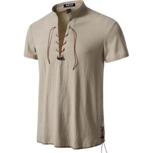 imageMens Pure Cotton Vintage Short Sleeve Lace Up Shirts for Renaissance Pirate Viking Medieval CostumeKhakib