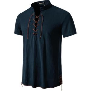 imageMens Pure Cotton Vintage Short Sleeve Lace Up Shirts for Renaissance Pirate Viking Medieval CostumeNavy Blue