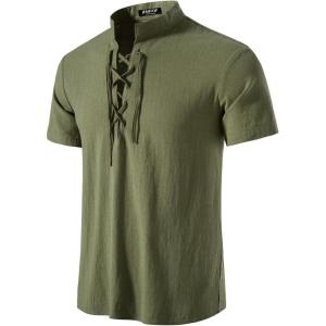 imageMens Pure Cotton Vintage Short Sleeve Lace Up Shirts for Renaissance Pirate Viking Medieval CostumeSolid Army Green