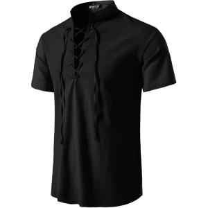 imageMens Pure Cotton Vintage Short Sleeve Lace Up Shirts for Renaissance Pirate Viking Medieval CostumeSolid Black