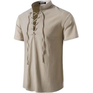 imageMens Pure Cotton Vintage Short Sleeve Lace Up Shirts for Renaissance Pirate Viking Medieval CostumeSolid Khaki