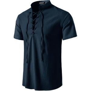 imageMens Pure Cotton Vintage Short Sleeve Lace Up Shirts for Renaissance Pirate Viking Medieval CostumeSolid Navy Blue