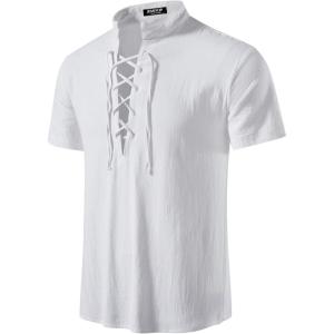 imageMens Pure Cotton Vintage Short Sleeve Lace Up Shirts for Renaissance Pirate Viking Medieval CostumeSolid White